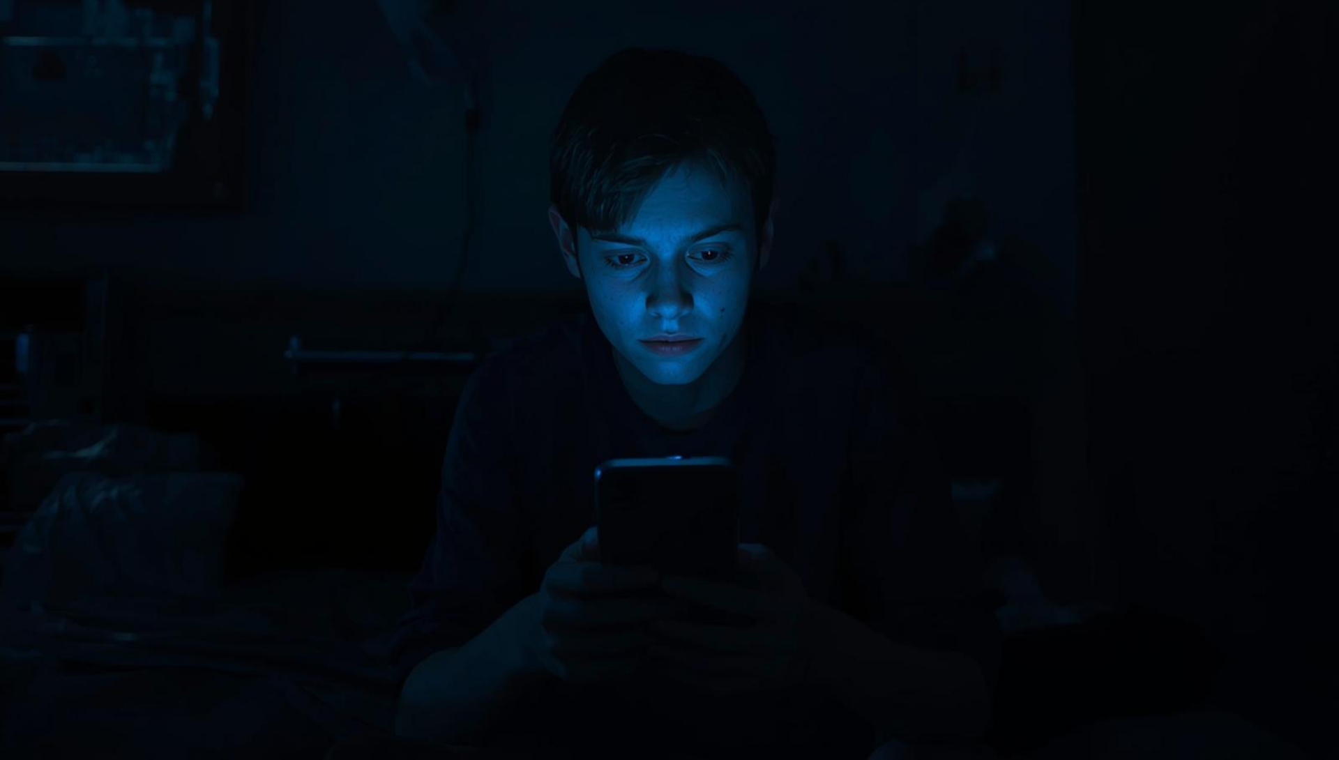 Dziecko wpatrzone w telefon w ciemności